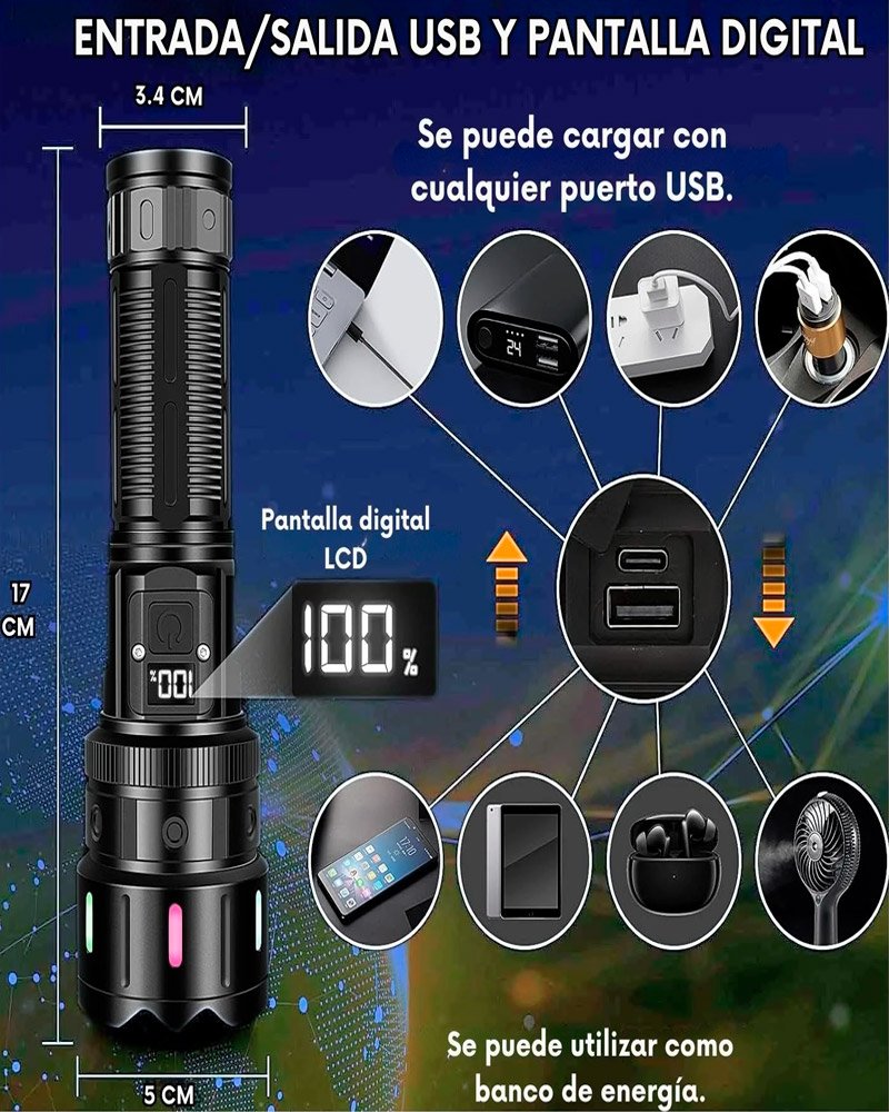 Linterna Táctica Led Recargable LS-L5501 30.000 Lúmenes - Imagen 2